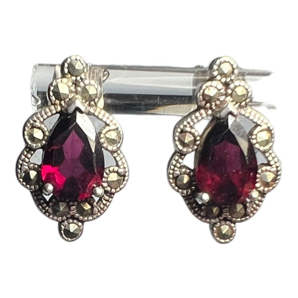 Sterling Silver 925 Marcasite & Pear Shaped Garnet Colored Stone Studs Earrings